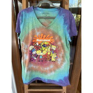 Nickelodeon T-Shirt Rugrats Character Juniors V Neck Tee Hey Arnold Tie dye XL